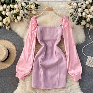 Women Korean Style Elegant Casual Summer Sexy Mini Dress Vintage Contrast Color Robe Female Puff Sleeve Pencil Vestidos 210519