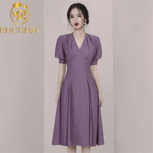 Damskie Lato Biuro Lady Slim High Waist Dress Purple Sexy V Neck Kobiety Podstawowe Business Puff Sleeve 210506
