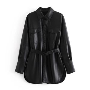 XNWMNZ Za Women black elegant classic faux leather jacket coat with belt Ladies Long Sleeve loose oversize boy friend retro Coat 210922