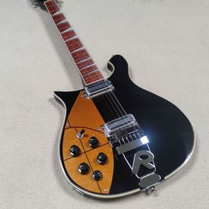 高品質の文字列左ハンドエレクトリックギター リッケンR テールピース ゴールデンガード付き黒いペンキボディ