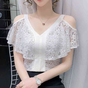 Summer Sexy Off Ramię Wzburzyć Topy Proste V-Neck Slim Lace Bluzka Czarne Białe Koszule Plus Rozmiar 3XL Blusas Mujer 14055 210521