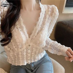 Frühling Koreanischen Stil Kurze Weiße Spitze Hemd Frauen V-ausschnitt Langarm Strickjacke Vintage Elegante Sexy Blusen Blusas 11841 210527