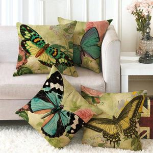 One Side Print Cushion Cover Linen Blue Butterfly Throw Pillow Case For Home Sofa Seat Vintage Decoration 45X45cm Customs Made Cushion/Decor