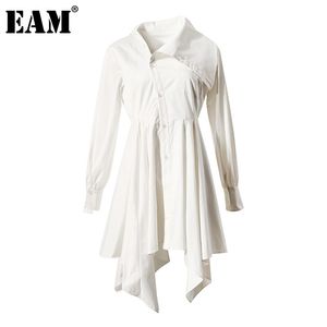 [EAM] Women Single Breasted Pockets White Dress Asymmetrical Long Sleeve Loose Fit Fashion Spring Autumn 1DD6953 210512