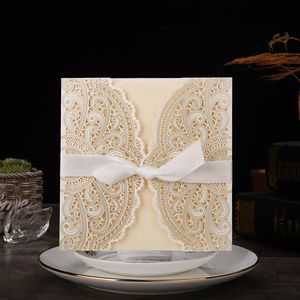 Ivory Laser Cut Elegant Wedding Invitations Card Carte de voeux dentelle Custom With Ribbon Birthday Party Supplies