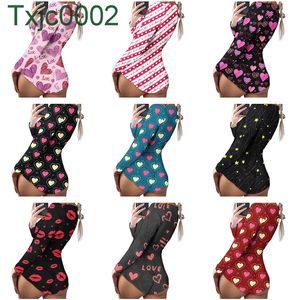 Femmes Combinaisons Designer Sexy Valentine Day Onesies Nouveau Imprimé À Manches Longues Maison Pyjamas Deep V Discothèque Tight Barboteuses 9 Couleurs