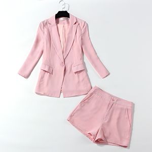 Ternos de escritório para mulheres primavera e outono blazer rosa calções casuais Temperamento de duas peças de alta qualidade Terno das mulheres 210527
