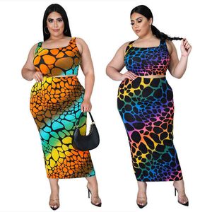 XL-4XL Plus Size Mulheres Roupas Verão Vestido Color Leopard Imprimir Slim Sexy Sleevels Vestidos Longos Atacado Drop 211116