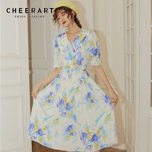 Peter Pan Collar Floral Chiffon Dress Summer Puff Sleeve Long Midi Women Short A Line 210427