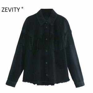 Zevity Autumn Women Vintage Casual Tassel Denim Shirt Coat Female Long Sleeve Breasted Outwear Jacket Chic Brand Tops CT597 210603