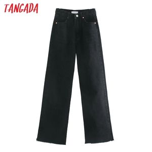 Tangada Mode Frauen Hohe Taille Schwarz Lange Jeans Hosen Hosen Taschen Tasten Weibliche Denim Hosen 4M63 210329