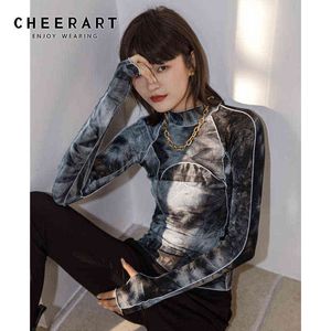 CHEERART Tie Dye Grau Schwarz Rollkragen Frau T-shirts Bodycon Langarm Top Frauen 2020 Herbst Mode T Shirt Femme Kleidung 220207