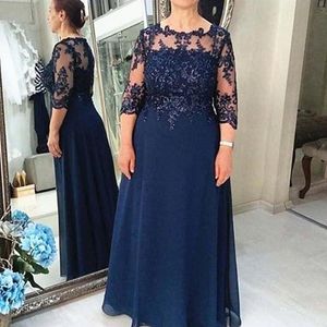 2021 Vintage Marynarki Wojennej Matki Bride Dresses Jewel Neck Illusion 3/4 Długie Rękawy Koronkowe Aplikacje Koraliki Szyfonowa Długość Piętra Party Wieczorni Suknie Gościnne Ślubne