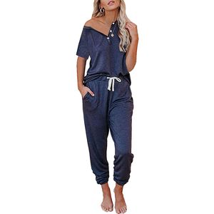 Jodimitty pijama Define tops de algodão sólido tampão camisa de pijama ternos elásticos cintura longa manga calça mulheres homewear tracksuit x0526