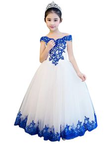 2022 Royal Blue White Mini Pageant Quinceanera Abiti Bambini Off spalla Applique in rilievo Tulle Flower Girl Dress Matrimonio Comunione Abiti da festa di compleanno