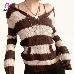 Women's Sweaters Sexy Pullover V-neck Striped Hooded Pocket Bottoming Shirt Loose Sweater Lazy Oaf Winter Fall 2021 Ladies Vintage Casual Cl