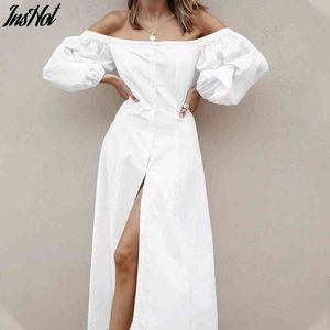 Holiday High Split Women's Dress Summer Cotton A-Line Puffed Sleeve Maxi Dress White Off-shoulder Vestidos For Ladies 210514