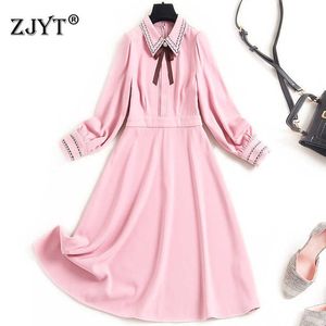Women Elegant Spring Long Sleeve Embroidery Collar Solid Pink Dress Festa High Quality Aline Robe Femme Sweet Party Vestidos 210601