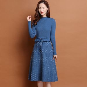 Polka Dot Stretch Knitted Fake Two Pieces Dresses O-Neck Drawstring Slim Waist Knee-Length Patchwork Dress For Women 210522