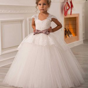 Verão branco meninas vestidos para festa de casamento tulle laço longo menina noite vestido de Natal crianças princesa traje de baile 5 12t q0716