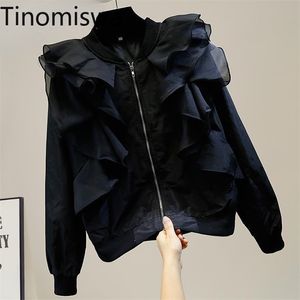 TINOMISWA Fırfır Patchwork Ceketler Kadın Zip-up Uzun Kollu Gevşek Mont Kore Moda Sonbahar Chic Giysi Giyim Tops 211109