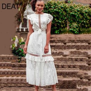 DEAT Summer Women Clothes Round Collar Lace Hollow Out Single Breasted High Waist White Long Dress Female Vestido 210527