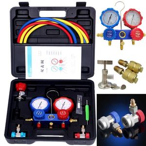 Professionella handverktygssatser 3 Way Bil HVAC-mätare med slangar, AC Manifold Gauge Set R410A R134A R404A R22 Kylmedelslangar Adaptrar kan knacka