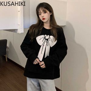 Black Bowknot Printed Long Sleeve Sweatshirt Causal O-neck Women Hoodies Spring Top Jumper 6F167 210603