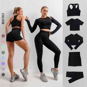 Dikişsiz Yoga Set Spor Giyim Egzersiz Giysileri Kadınlar Için Yüksek Bel Spor Kıyafet Fitness Suit 210813