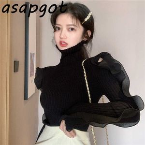 Pullovers Damkläder Sweatersjumpers Black Turtleneck Mesh Sweater Knitted Top Spring Patchwork Slim Sexy Fashion 210610