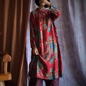 Johnature Vintage Coton Lin Manches Longues Imprimer Fleur Longues Chemises O-cou Automne Lâche Femmes Blouses Chines Style Tops 210521