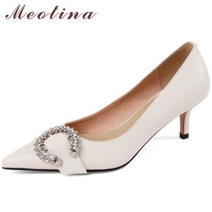 Meotina apontou bombas Bombas de couro real salto alto stiletto salto mulheres sapatos de cristal fivela calçado feminino primavera branco tamanho 40 210608