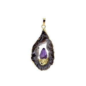 Gold Plated Natural Gray Agates Flake Crystal Tooth Prototype Pendant Necklace Hollow Agate Inlaid With Amethyst Charm Hangings Accessories Reiki Heal Jewelry