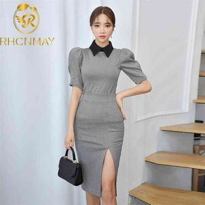 Frühling Koreanische Ausgabe Revers Plaid Blase Ärmel Halbes Oberteil und Hohe Taille Hip Wrap Split Rock Zweiteiliges Set 210506