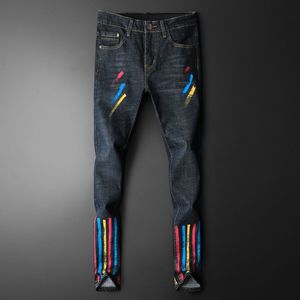 Цветные полосы джинсы мужская эластичная сила панк ночной клуб личности прямой напечатанный джинсовый человек модный цветной рисунок джинсовые брюки