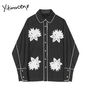 Yitimuceng Black Lace Floral Blouse Women Long Sleeve Button Up Shirts Straight Spring Korean Fashion Turn-down Collar Tops 210601