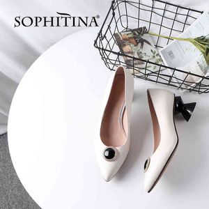 SOPHITINA Pumps Women Genuine Leather White High Quality Strange Heel Mature Style Pointed Toe Spring Metal Office Shoes PK130 210513