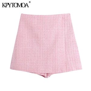 KPYTOMOA Kvinnor Chic Mode Tweed Shorts Kjolar Vintage High Waist Back Zipper Kvinna SKORT MUjer 210611