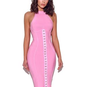 女性のセクシーなファッションスパンコールピンクの包帯のドレスエレガントなデザイナーボディコンシックなタンクパーティーVestido 210527