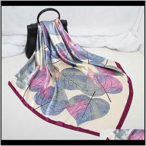 Okłady Kapelusze, Szaliki Rękawiczki AessorSeaf Square Simulation Silk Scarf Ladies Fashion Leaf Print Satin Turban Drop Dostawa 2021 9Uhim