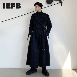 IEFB Мужчины и женская одежда Весна Streetwear Trench Личности Веревка дизайн Асимметрия Лоскутное длинное пальто 9Y989 210524