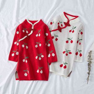 Autunno Inverno Cherry Knit Girl Dress Abiti di Capodanno Maglione lungo Cotone stile cinese Bambini Cheongsam Dress 2-6 anni G1218