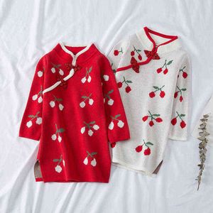 Autumn Winter Cherry Knit Girl Dress New Year Clothes Long Sweater Chinese Style Cotton Children Cheongsam Dress 2-6 Years G1218