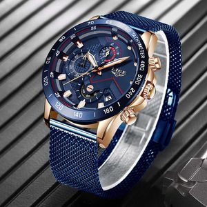 Mens Watches Top Brand Luxury LIGE All Steel Mesh Belt Blue Watch Men Waterproof Sport Chronograph Casual Quartz Clock 210527