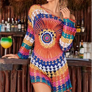 Moda de banho feminina Sexy Multicolour Crochet Bikini Cover Up Fringe Trim Women Retro Hollow Tunic Beach Dress 2021 Summer Bathing Suit Beachwea
