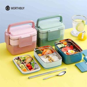 Worthbuy Japanese 18/8 Rostfritt stål Lunchlåda för barn Bärbar läckagesäker Bento Box med bordsskivor Matförvaringsbehållare 210925