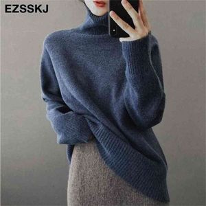 Casual grosso grande outono inverno alto-pescoço grande camisola pulôver mulheres quente chique feminino solto cashmere suéteres de lã básica 210914