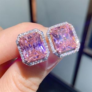 Choucong I più venduti Orecchino a bottone Gioielli di lusso Argento sterling 925 Taglio principessa Topazio rosa Diamante CZ Pietre preziose Eternità Orecchini da sposa per donna Regalo per gli amanti