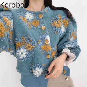 Korobov Koreanska New Chic O Neck Puff Sleeve Kvinnor Coats Vintage Flower Pattern Short Jackets Office Lady Chaqueter Mujer 210430