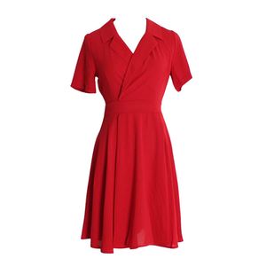 Chiffon Turn Down Collar Short Sleeve Sash Mini Dress Elegant Work Red Solid D0733 210514